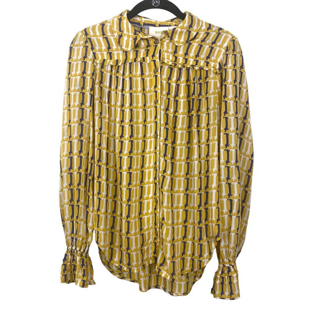 Maeve By Anthropologie Dog Print Yellow Satin Bell Sleeve Button Up long Sleeve